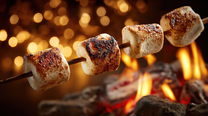 Perfectly Toasted Marshmallows on a Skewer, Golden Brown and Crispy, Roasting Over a Warm Campfire, Surrounded by Soft, Glowing Bokeh Lights