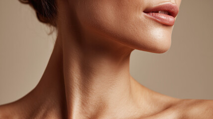 Elegant Close-Up of a Woman's Neck and Jawline, Showcasing Natural Beauty and Radiant Skin in Soft Lighting