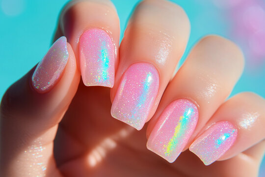Shimmering pink nails sparkle under bright sunlight