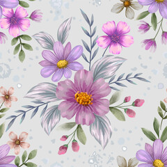Pink seamless floral pattern vector illustration with spring flowers and nature elements