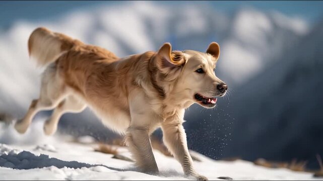 Golden Retriever Leaping Through Snowy Mountain Terrain in Winter Landscape Scene. Video made using Generative AI.
