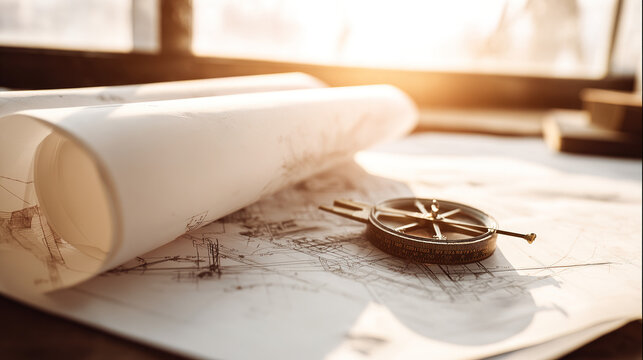 drafting. Architectural blueprint on a drafting table, warm lamp light creating a moody creative workspace atmosphere. real-estate listings.
