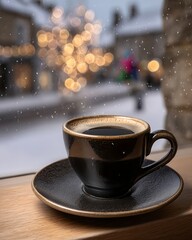 A stylish black coffee cup with rich texture sitting on a windowsill while snowflakes fall gently outside