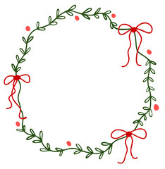 Christmas round wreath frame with greenery red bows and berries