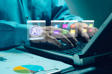 Concept of AI prompt engineering. Businessman using AI technology and digital interfaces technology, system interface innovation machine learning, automation, data analytics modern business innovation