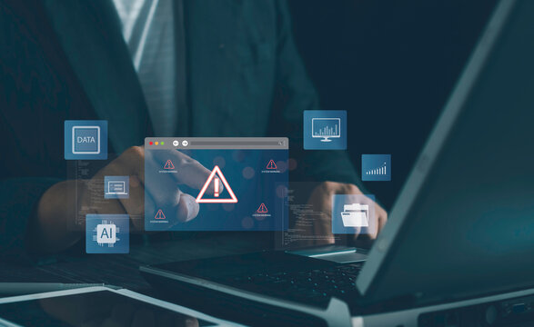 System warning alert, cyber risk detection, data error notification, AI monitoring interface shown through a business professional interacting laptop as digital warning icons appear on the screen. - Powered by Adobe