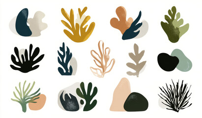 Fototapeta premium Set of hand-drawn simple abstract shapes influenced by botanical forms with varied organic textures and earthy colors