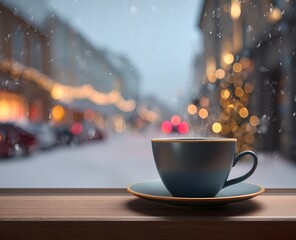 A steaming cup of coffee on a wooden windowsill with soft falling snow and warm glowing city lights outside
