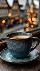 A steaming cup of coffee on a wooden windowsill with soft falling snow and warm glowing city lights outside