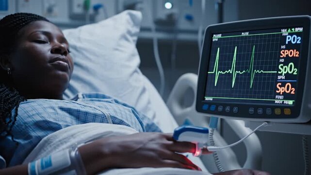A woman rests in a hospital bed, monitoring equipment displays heart rate. Focus on patient and technology