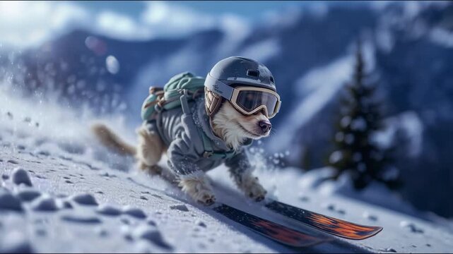 Dog wearing ski gear and goggles dashes down a snowy mountain slope against a backdrop of white peaks and blue sky, capturing the thrill of winter sports. Video made using Generative AI.