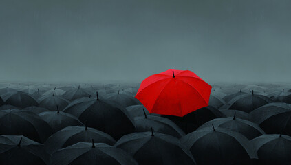Red umbrella standing out amidst a sea of black umbrellas in a rainy setting