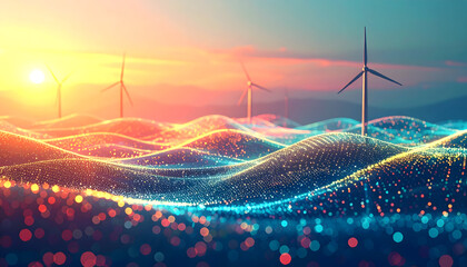 Renewable Energy Wind Farm with Digital Data Waves.