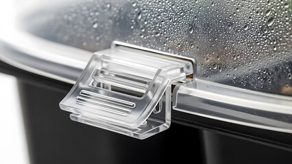 Transparent container lock detailed shot with condensation on the lid