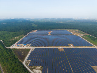 Aerial view of huge solar farm surrounded by palm oil plantation. Green renewable energy resources. Future of sustainable energy generation. Zero pollution concept.