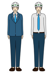 Full body illustration of two engineer or architect men in safety helmet standing