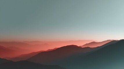 Obraz premium Misty mountain landscape with layers of bluish and reddish hues. Silhouetted mountain ridges create a soft gradient effect, transitioning from deeper blue in the foreground to lighter pinkish-red