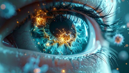 3D Medical Illustration of Human Eye with Cancer Cells and Disease Concept