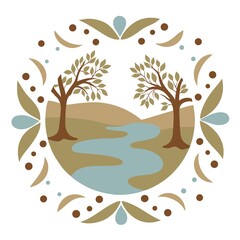 Decorative Nature Emblem with Trees and River in Folk Style