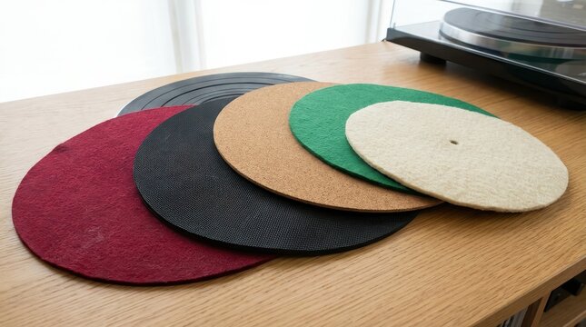 An assortment of colored turntable mats, arranged artistically, creating a visually appealing array of textures and hues.