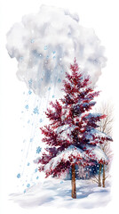 Watercolor painting of a vibrant red pine tree covered in fresh snow, with a fluffy cloud dropping snowflakes, isolated on white background