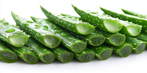 Fototapeta premium High-resolution macro image of fresh aloe vera in a white background. The translucent gel texture and vibrant green skin highlight the natural skincare and wellness