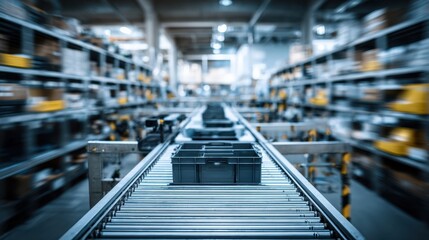Dynamic robotic bin retrieval in a storage facility main device sharply in focus while surrounding shelves softly blur showcasing precision inventory tracking.