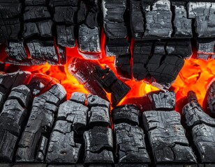 Close-up of burning embers beneath charred, dark wooden blocks