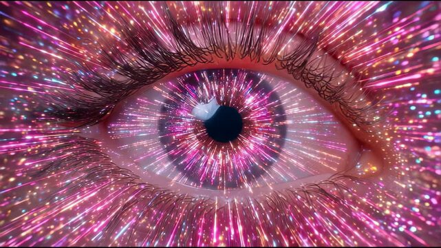 Macro Eye Animation with Starry Explosion and Pink Rays. Cinematic Close-up of Iris Turning to Front with Abstract Galaxy Effects, Slow Motion, Side to Front View