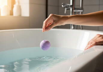 dropping bath bomb into a bath tub