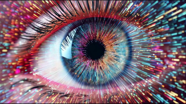Macro Eye Animation with Starry Explosion and Colorful Rays. Cinematic Close-up of Iris Turning with Abstract Galaxy Effects. Slow Motion, Discovery Concept, Side to Front View