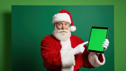 Santa claus holding tablet with green screen