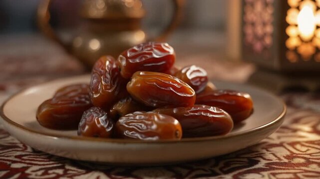 Dates on a plate with traditional elements for Ramadan or Eid celebration