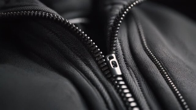 Close-up of black jacket zipper and material texture showing quality and detail.