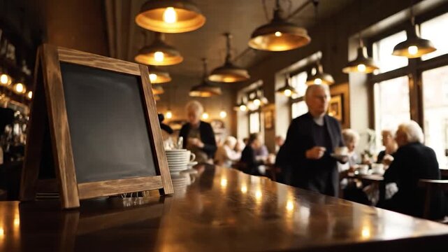 Blank chalkboard menu board on bar counter in cozy restaurant