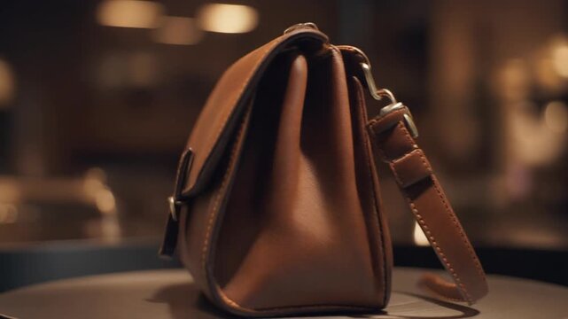Close-up of premium brown leather handbag rotating slowly showing stylish design. 