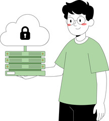 Cloud Security and Data Protection Person Holding Servers and Locked Cloud Icon