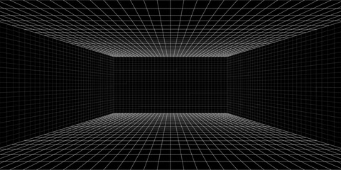Room projection grid in futuristic 3d style. Outline futuristic grid background, room projection. Wireframe grid template in perspective view