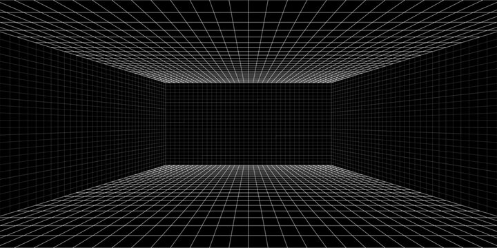 Room projection grid in futuristic 3d style. Outline futuristic grid background, room projection. Wireframe grid template in perspective view