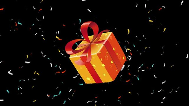 Vibrant orange and yellow gift box with a red ribbon bow, adorned with festive stars