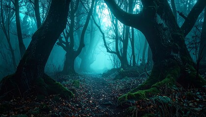 Eerie forest path shrouded in mist, with large, gnarled trees