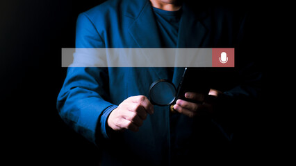 Voice search technology concepts, assistance and marketing, digital communications, using voice...