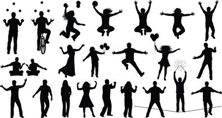 Silhouette of people in joyful motion, juggling, dancing, meditating, celebrating, unicycling, balloon holding, festive vector art, black graphic style