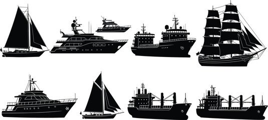 Ship and boat silhouette set featuring yachts, cargo vessels, sailing ships, marine transportation collection, black vector illustration isolated on white background © Parvej Creatives