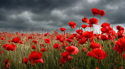 Obraz premium Vast field of viintimate apparelnt red poppies with textured petals and slender green stems under a cloudy, stormy sky creating a dramatic landscape scene