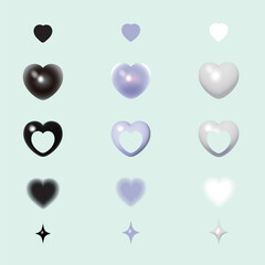 Y2Kスタイルの3D立体ハートとキラキラのベクターアイコンセット（黒・紫・白）