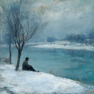 Solitary person seated beside frozen river in quiet winter landscape