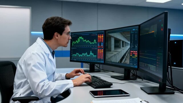 Inside a control room medium shot showing an operator analyzing live data streams from embedded smart sensors in concrete infrastructure for maintenance.