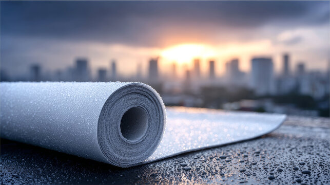 White roofing memintimate apparelne fabric roll with textured surface and waterproof material for building roofs, laid on rooftop against city skyline at sunset