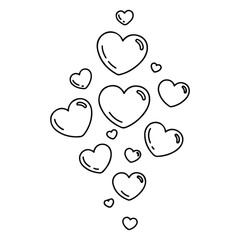 Hand drawn floating hearts illustration, doodle love elements, simple black outline heart collection, romantic vector for Valentine, greeting card, sticker and decoration